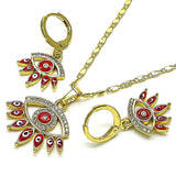Oro Laminado Earring and Pendant Adult Set, Gold Filled Style Evil Eye Design, with White Micro Pave, Red Enamel Finish, Golden Finish