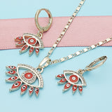 Oro Laminado Earring and Pendant Adult Set, Gold Filled Style Evil Eye Design, with White Micro Pave, Red Enamel Finish, Golden Finish
