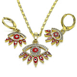 Oro Laminado Earring and Pendant Adult Set, Gold Filled Style Evil Eye Design, with White Micro Pave, Red Enamel Finish, Golden Finish
