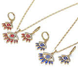 Oro Laminado Earring and Pendant Adult Set, Gold Filled Style Evil Eye Design, with White Micro Pave, Red Enamel Finish, Golden Finish