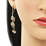 Oro Laminado Long Earring, Gold Filled Style Box and Elephant Design, with Ruby and Black Micro Pave, Polished, Golden Finish