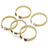 Oro Laminado Individual Bangle, Gold Filled Style Miami Cuban Design, with White Cubic Zirconia and White Micro Pave, Polished, Golden Finish