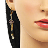 Oro Laminado Long Earring, Gold Filled Style key and Box Design, with Ruby Micro Pave and White Cubic Zirconia, Polished, Golden Finish