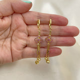 Oro Laminado Long Earring, Gold Filled Style key and Box Design, with Ruby Micro Pave and White Cubic Zirconia, Polished, Golden Finish