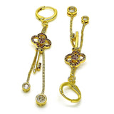 Oro Laminado Long Earring, Gold Filled Style key and Box Design, with Ruby Micro Pave and White Cubic Zirconia, Polished, Golden Finish