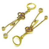 Oro Laminado Long Earring, Gold Filled Style key and Box Design, with Ruby Micro Pave and White Cubic Zirconia, Polished, Golden Finish