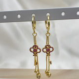 Oro Laminado Long Earring, Gold Filled Style key and Box Design, with Ruby Micro Pave and White Cubic Zirconia, Polished, Golden Finish