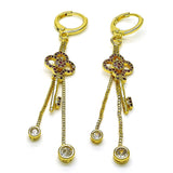 Oro Laminado Long Earring, Gold Filled Style key and Box Design, with Ruby Micro Pave and White Cubic Zirconia, Polished, Golden Finish