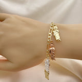 Oro Laminado Charm Bracelet, Gold Filled Style San Judas and Figaro Design, Polished, Tricolor
