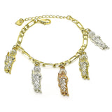 Oro Laminado Charm Bracelet, Gold Filled Style San Judas and Figaro Design, Polished, Tricolor