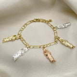 Oro Laminado Charm Bracelet, Gold Filled Style San Judas and Figaro Design, Polished, Tricolor