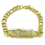 Oro Laminado Fancy Bracelet, Gold Filled Style San Judas and Pave Figaro Design, Polished, Golden Finish