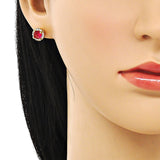 Oro Laminado Stud Earring, Gold Filled Style Cluster Design, with Ruby Cubic Zirconia and White Micro Pave, Polished, Golden Finish