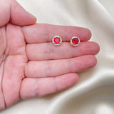 Oro Laminado Stud Earring, Gold Filled Style Cluster Design, with Ruby Cubic Zirconia and White Micro Pave, Polished, Golden Finish