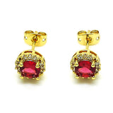 Oro Laminado Stud Earring, Gold Filled Style Cluster Design, with Ruby Cubic Zirconia and White Micro Pave, Polished, Golden Finish