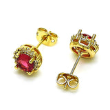 Oro Laminado Stud Earring, Gold Filled Style Cluster Design, with Ruby Cubic Zirconia and White Micro Pave, Polished, Golden Finish