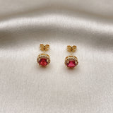Oro Laminado Stud Earring, Gold Filled Style Cluster Design, with Ruby Cubic Zirconia and White Micro Pave, Polished, Golden Finish