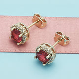 Oro Laminado Stud Earring, Gold Filled Style Cluster Design, with Ruby Cubic Zirconia and White Micro Pave, Polished, Golden Finish