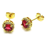 Oro Laminado Stud Earring, Gold Filled Style Cluster Design, with Ruby Cubic Zirconia and White Micro Pave, Polished, Golden Finish