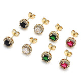 Oro Laminado Stud Earring, Gold Filled Style Cluster Design, with Ruby Cubic Zirconia and White Micro Pave, Polished, Golden Finish