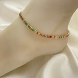Oro Laminado Fancy Anklet, Gold Filled Style Baguette Design, with Multicolor Cubic Zirconia, Polished, Golden Finish