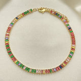Oro Laminado Fancy Anklet, Gold Filled Style Baguette Design, with Multicolor Cubic Zirconia, Polished, Golden Finish