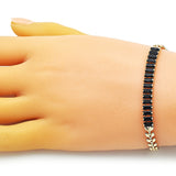 Oro Laminado Fancy Bracelet, Gold Filled Style Baguette and Leaf Design, with Black Cubic Zirconia, Polished, Golden Finish