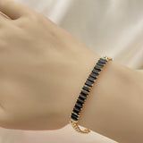 Oro Laminado Fancy Bracelet, Gold Filled Style Baguette and Leaf Design, with Black Cubic Zirconia, Polished, Golden Finish