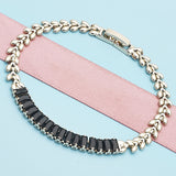Oro Laminado Fancy Bracelet, Gold Filled Style Baguette and Leaf Design, with Black Cubic Zirconia, Polished, Golden Finish