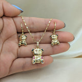 Oro Laminado Earring and Pendant Adult Set, Gold Filled Style Teddy Bear Design, with Multicolor Micro Pave, Polished, Golden Finish