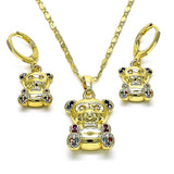 Oro Laminado Earring and Pendant Adult Set, Gold Filled Style Teddy Bear Design, with Multicolor Micro Pave, Polished, Golden Finish