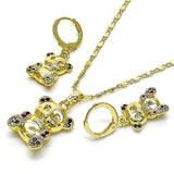 Oro Laminado Earring and Pendant Adult Set, Gold Filled Style Teddy Bear Design, with Multicolor Micro Pave, Polished, Golden Finish