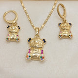 Oro Laminado Earring and Pendant Adult Set, Gold Filled Style Teddy Bear Design, with Multicolor Micro Pave, Polished, Golden Finish