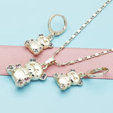 Oro Laminado Earring and Pendant Adult Set, Gold Filled Style Teddy Bear Design, with Multicolor Micro Pave, Polished, Golden Finish
