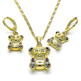 Oro Laminado Earring and Pendant Adult Set, Gold Filled Style Teddy Bear Design, with Multicolor Micro Pave, Polished, Golden Finish