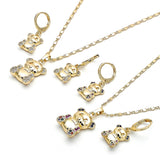 Oro Laminado Earring and Pendant Adult Set, Gold Filled Style Teddy Bear Design, with Multicolor Micro Pave, Polished, Golden Finish