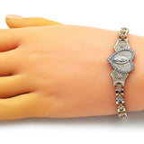 Oro Laminado Fancy Bracelet, Gold Filled Style Guadalupe and Heart Design, with White Micro Pave, Polished, Tricolor