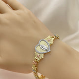 Oro Laminado Fancy Bracelet, Gold Filled Style Guadalupe and Heart Design, with White Micro Pave, Polished, Tricolor
