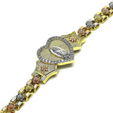 Oro Laminado Fancy Bracelet, Gold Filled Style Guadalupe and Heart Design, with White Micro Pave, Polished, Tricolor