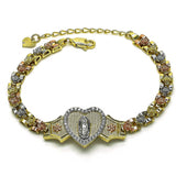 Oro Laminado Fancy Bracelet, Gold Filled Style Guadalupe and Heart Design, with White Micro Pave, Polished, Tricolor