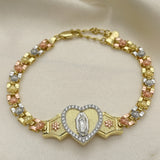 Oro Laminado Fancy Bracelet, Gold Filled Style Guadalupe and Heart Design, with White Micro Pave, Polished, Tricolor