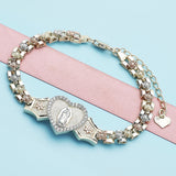 Oro Laminado Fancy Bracelet, Gold Filled Style Guadalupe and Heart Design, with White Micro Pave, Polished, Tricolor