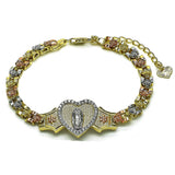 Oro Laminado Fancy Bracelet, Gold Filled Style Guadalupe and Heart Design, with White Micro Pave, Polished, Tricolor
