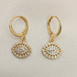 Oro Laminado Dangle Earring, Gold Filled Style Evil Eye Design, with White Micro Pave, Polished, Golden Finish
