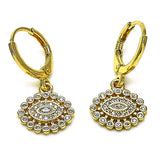 Oro Laminado Dangle Earring, Gold Filled Style Evil Eye Design, with White Micro Pave, Polished, Golden Finish