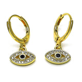 Oro Laminado Dangle Earring, Gold Filled Style Evil Eye Design, with White Micro Pave and Black Cubic Zirconia, Polished, Golden Finish