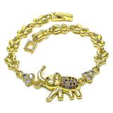 Oro Laminado Fancy Bracelet, Gold Filled Style Elephant and Leaf Design, with Multicolor Micro Pave and White Cubic Zirconia, Polished, Golden Finish