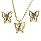 Oro Laminado Earring and Pendant Adult Set, Gold Filled Style Butterfly Design, with Ruby Micro Pave, Polished, Golden Finish