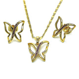 Oro Laminado Earring and Pendant Adult Set, Gold Filled Style Butterfly Design, with Ruby Micro Pave, Polished, Golden Finish