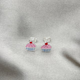 Sterling Silver Stud Earring, Cupcake Design, Pink Enamel Finish, Silver Finish